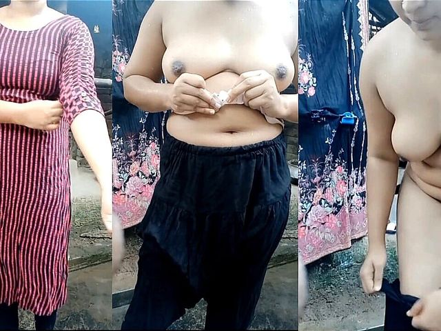 Beautiful Desi Cute Girl's Bath Scene. Showering and Dress Changing in Open Village Bathroom (Modern Beauty)