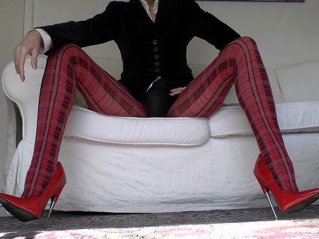 Red Tartan Tights and Extreme Heels Legs Show (Lady Victoria Valente)