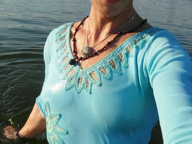 Trans Girl Swimming in the Lake in Clothes Blue Blouse and White-milk Pants. (Alexa Cosmic)