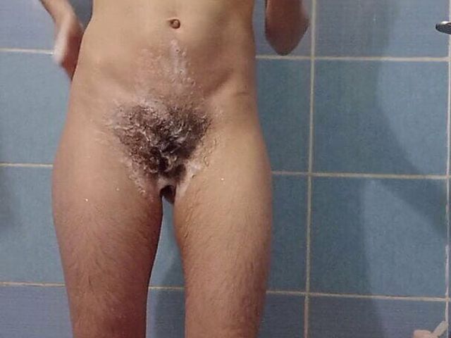 Slim Natural Girl with Hairy Legs and Armpits Takes Shower. Well Shaped Body Attracts the Eyes. Thick Forest. (Thick Forest)